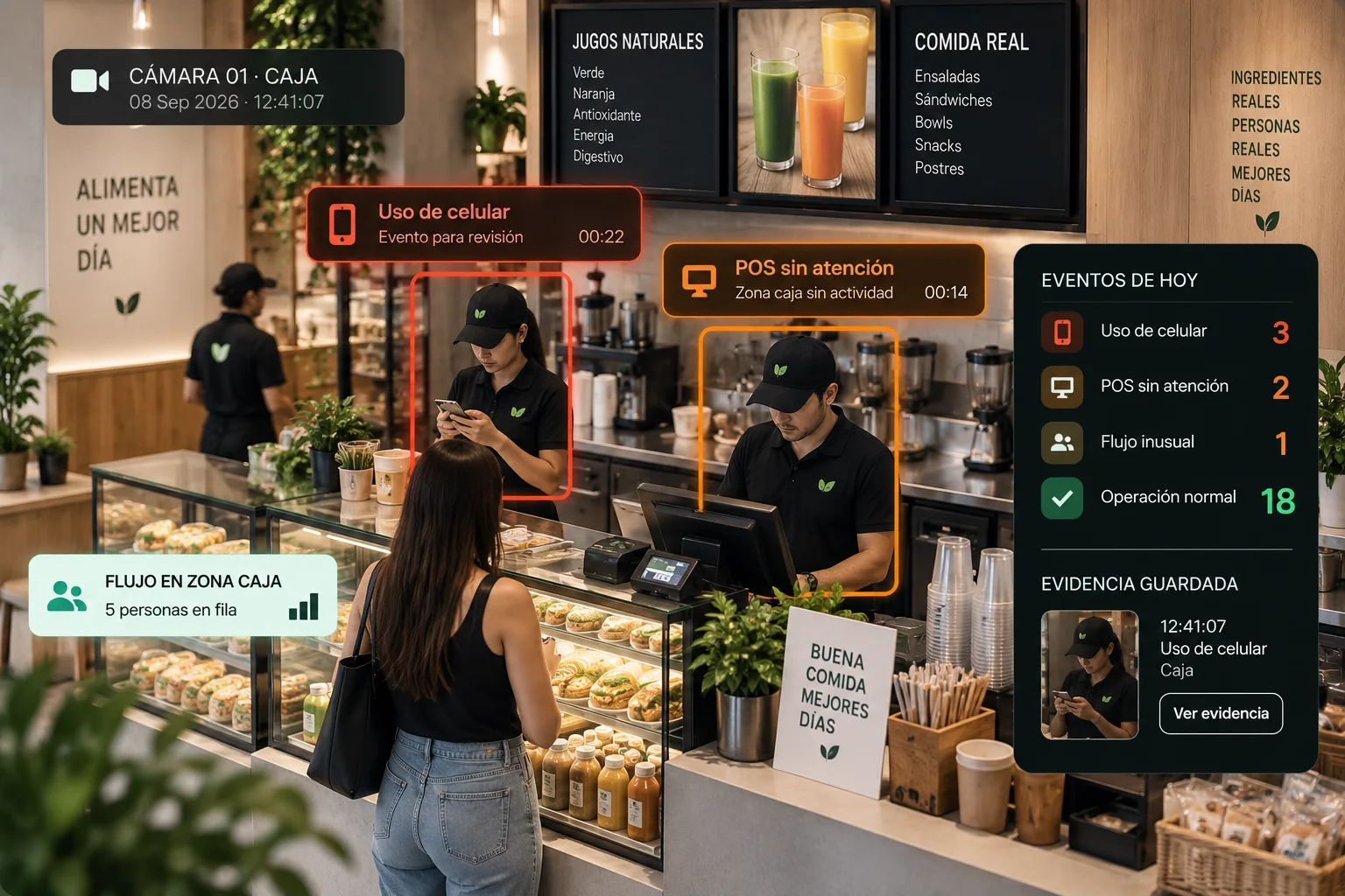 Ejemplo ilustrativo de Kadenor Visual Intelligence detectando eventos operativos en un negocio